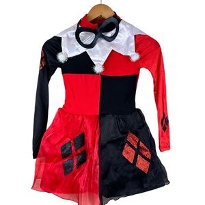 Girls Harley Quinn Dress Mask Halloween Cosplay Costume DC Comics Villain M 8-10